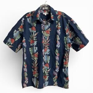 Vintage Pierre Cardin Hawaiian Shirt Mens Size M Medium Blue Tropical Button Up